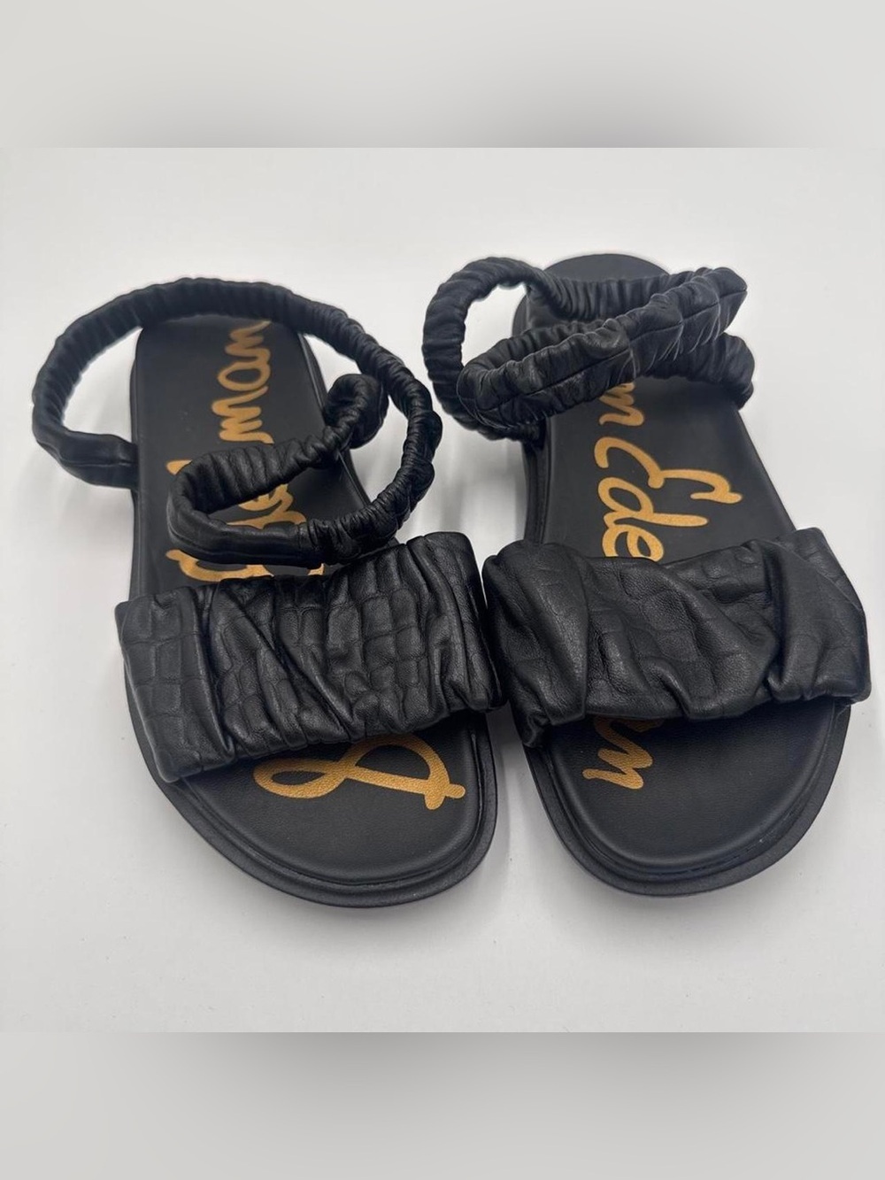 Sz 8.5 Black Ruched Strap Flat Sandals - Sam Edelman